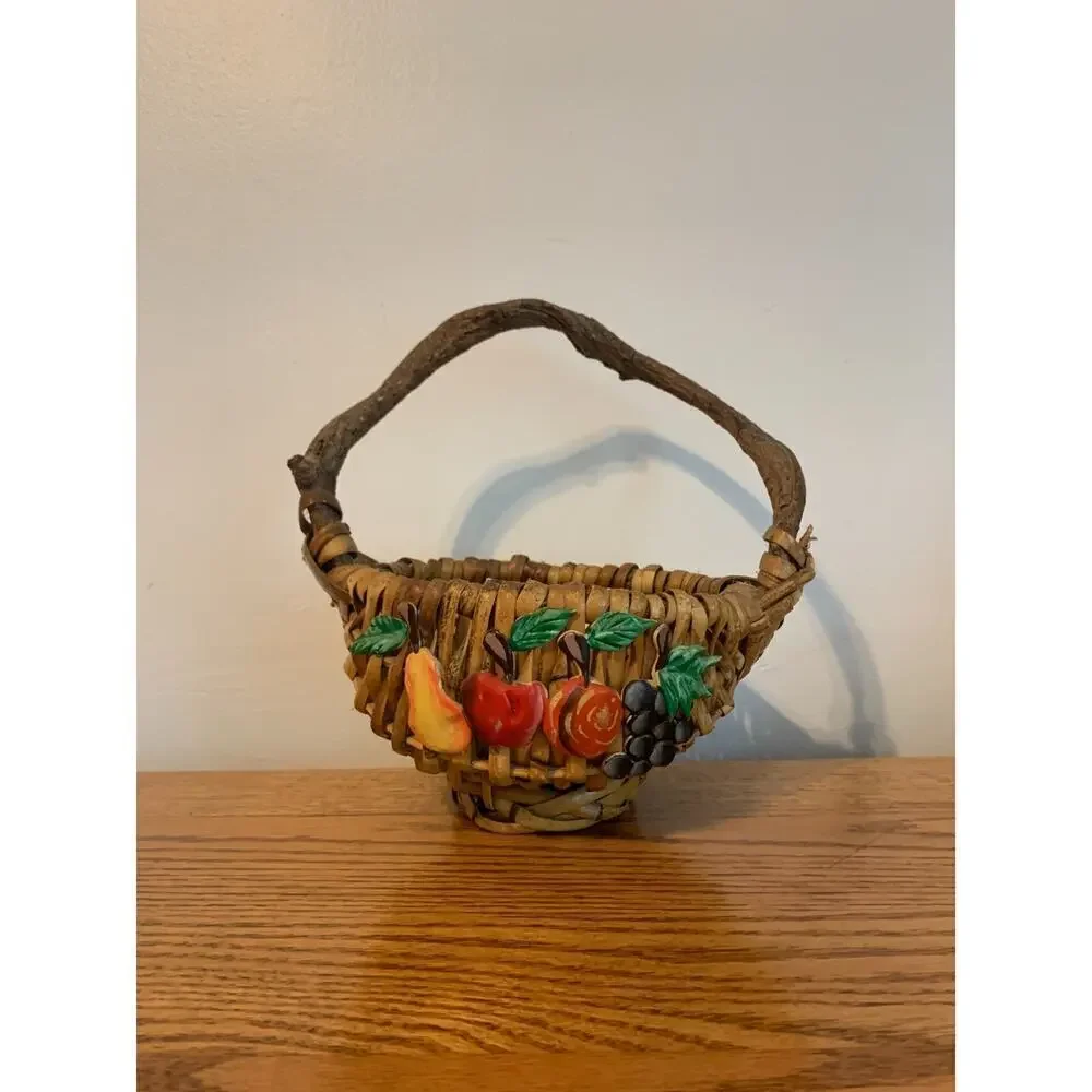 VTG Fruit Wicker Gathering Basket God's Eye Branch Handle Woven Hand Painted